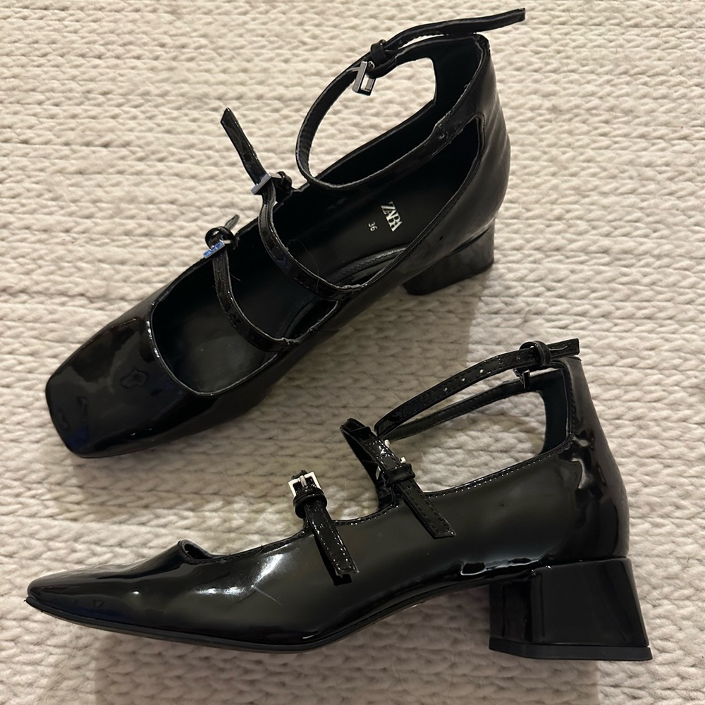 Zara Black Patent Mary Jane Heeled Pumps